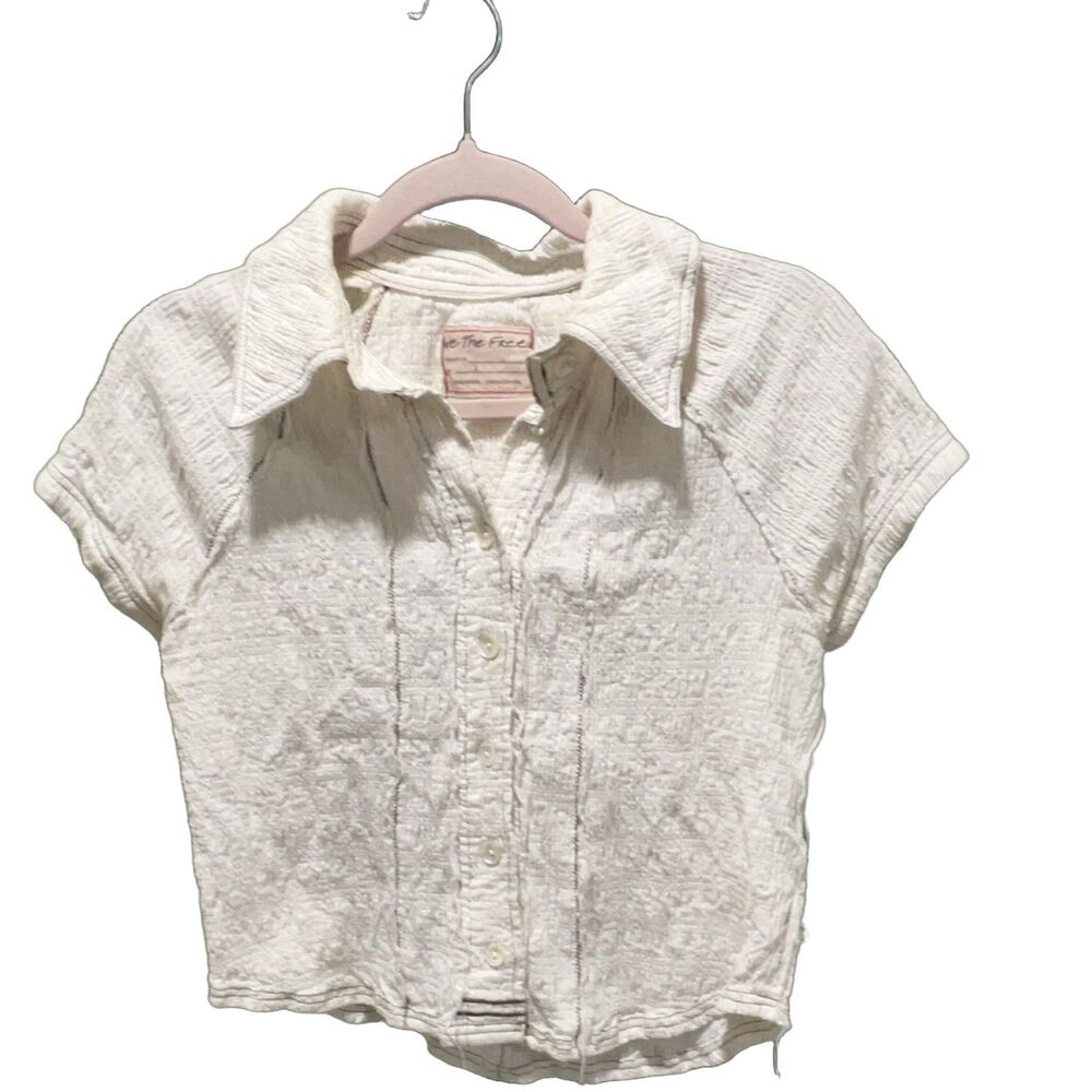 We The Free Women's S White Knit Button Up Shirt Short Sleeve Relaxed Cotton